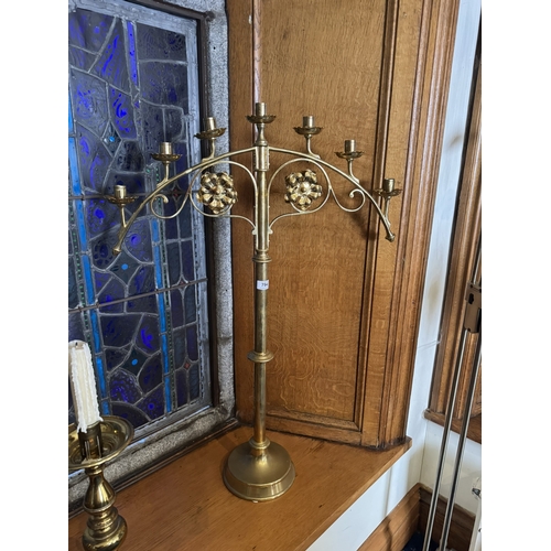 794 - Pair of 19th. Brass seven branch candelbra. { 95cm H X 67cm W }.