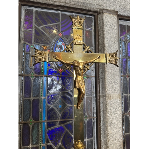 795 - 19th. C. brass Crucifix, in the Art Nouveau manner. { 94cm H X 32cm W }.