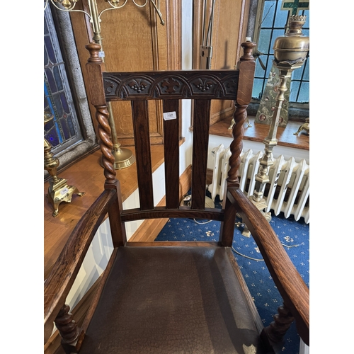 797 - 19th. C. oak open armed chair with upholstered and raised on barley twist legs. { 117cm H X 60cm W X... 