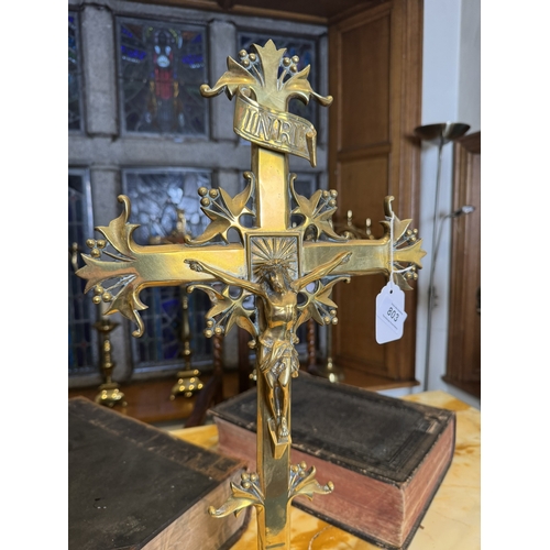 803 - 19th. C. brass Alter Crucifix, in the Arts and Crafts manner. { 60cm H X 31cm W }.