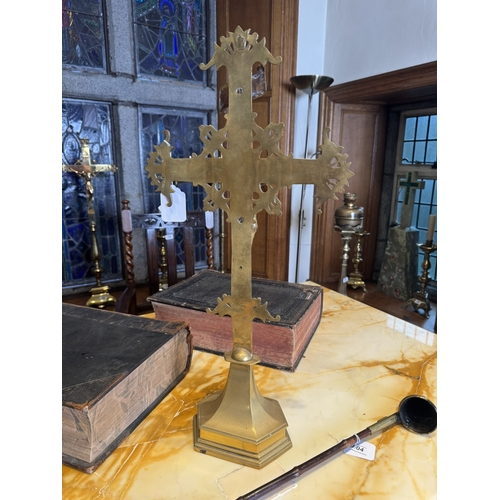 803 - 19th. C. brass Alter Crucifix, in the Arts and Crafts manner. { 60cm H X 31cm W }.