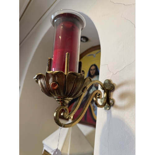 805 - 19th. C. brass Ecclesiastical wall candle holder with clear glass chimney . {17cm H X 18cm W X 24cm ... 