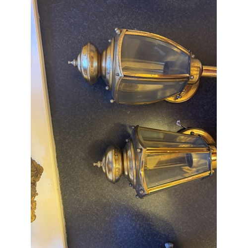 814 - Near pair of brass wall lanterns. { 44cm H X 16cm W X 15cm D }.