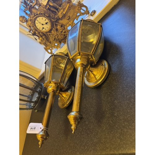 814 - Near pair of brass wall lanterns. { 44cm H X 16cm W X 15cm D }.