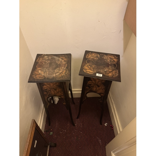 824 - Pair of Art Nouveau walnut plant stands decorated with poker work. { 85cm H X 30cm Sq.}.