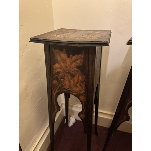 824 - Pair of Art Nouveau walnut plant stands decorated with poker work. { 85cm H X 30cm Sq.}.