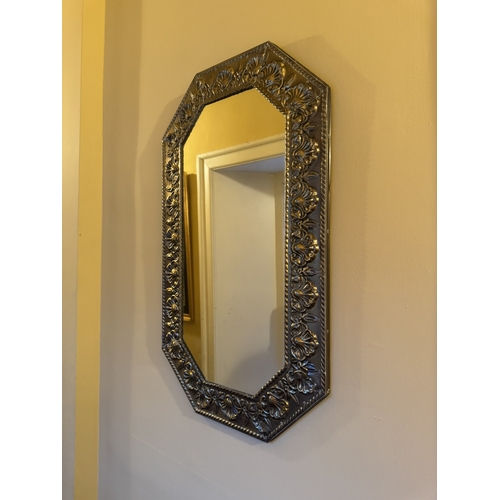 825 - Pair of brass wall mirrors with bevelled platesand decoarted with foliage. { 73cm H X 43cm W }.