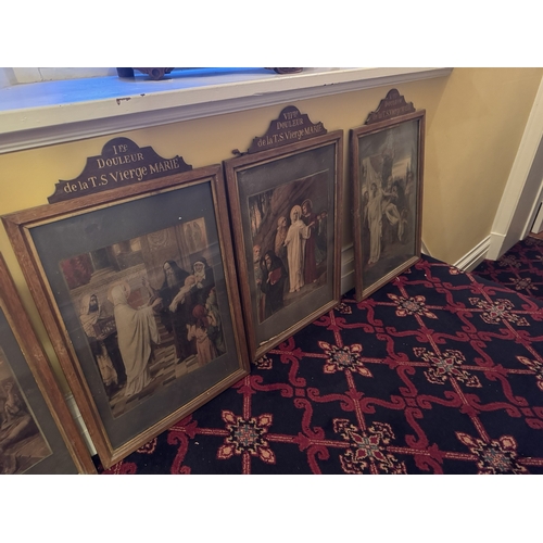 827 - Set of five Stations of the Cross, mounted in oak frames. { 71cm H X 34cm W }.