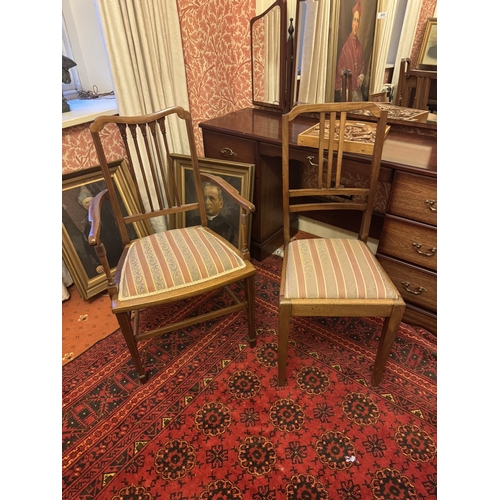 840 - Three Edwardian inlaid mahogany side chairs { one with damage } { 94cm H X 40cm W X 41cmn D }. and a... 