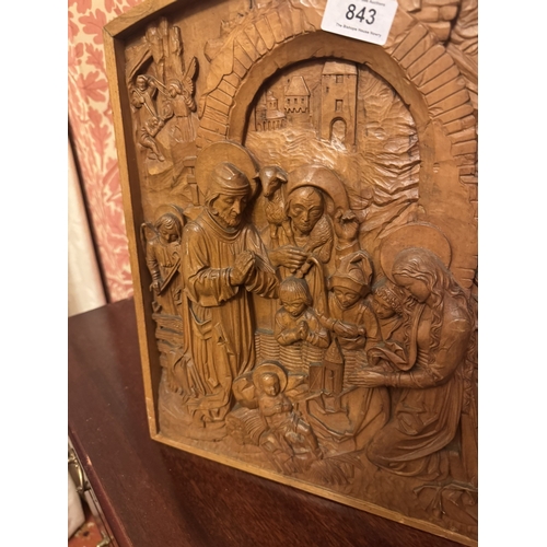 843 - Emil Kloffel Carved oak plaque depicting The Nativity . { 40cm H X 31cm W }.