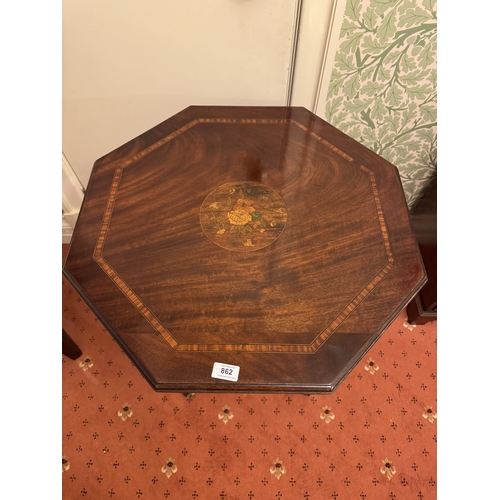 862 - Edwardian inlaid mahogany octagonal centre table, raised on tapered legs with X stretcher. { 77cm H ... 