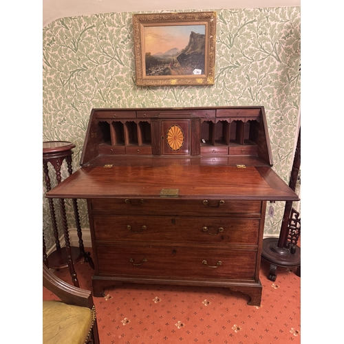 869 - Georgian inlaid mahogany fall front writing desk, the fall front enclosing a fitted interior above t... 