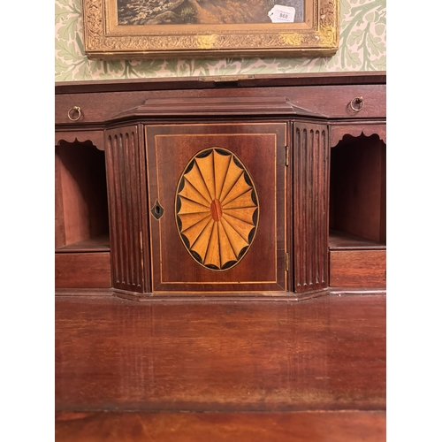 869 - Georgian inlaid mahogany fall front writing desk, the fall front enclosing a fitted interior above t... 