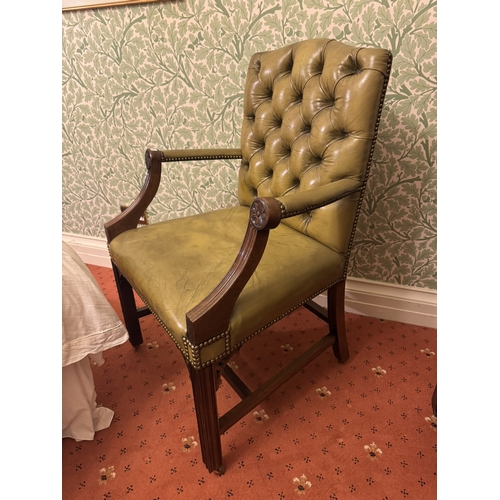 870 - Upholstered button backed mahogany open armed chair in the Chippendale manner. { 101cm H X 65cm W X ... 