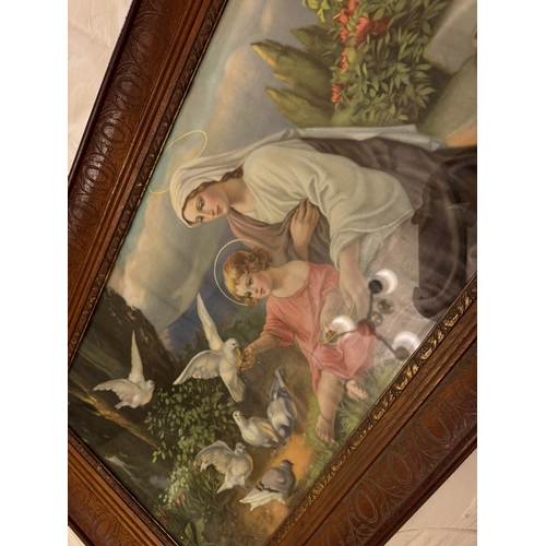 873 - Coloured print Mary and The Child Jesus in the Garden of Innocence, mounted in an oak frame. { 49cm ... 