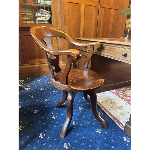 88 - 19th. C. mahogany swivel desk chair raised on three outswept feet. { 85cm H X 53cm W X 51cm D }