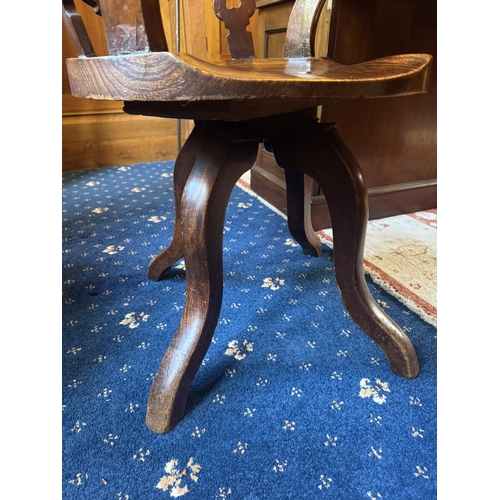 88 - 19th. C. mahogany swivel desk chair raised on three outswept feet. { 85cm H X 53cm W X 51cm D }