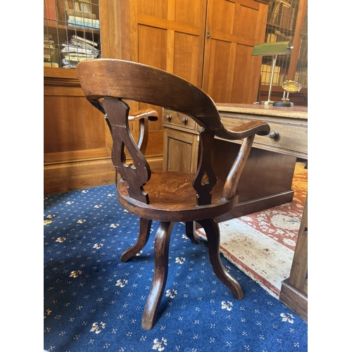 88 - 19th. C. mahogany swivel desk chair raised on three outswept feet. { 85cm H X 53cm W X 51cm D }