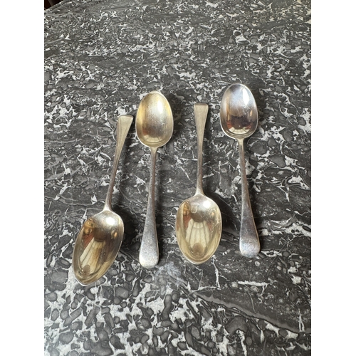 986 - Set of four English silver serving spoons. Hallmarked in London. 1896 - 97. West & Son { Langley Arc... 