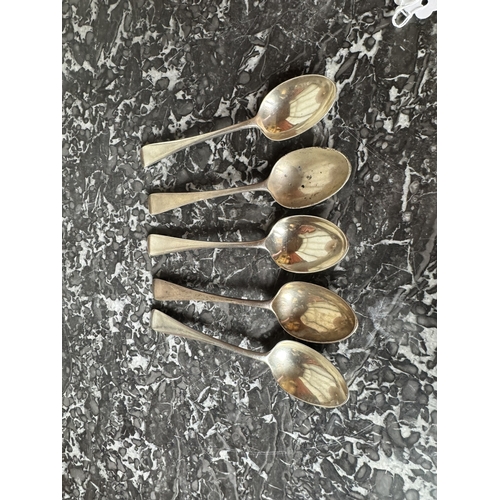 987 - Set of five English silver dessert spoons. Hallmarked in London. 1896 - 97. West & Son { Langley Arc... 