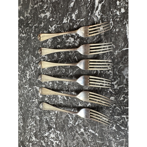 991 - Set of six English silver dinner forks. Hallmarked in London. 1896 - 97. West & Son { Langley Archer... 