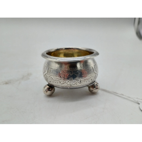 1000 - English silver salt with Bristol blue glass liner. Hallmarked in London. Maker: Nathaniel Appleton &... 