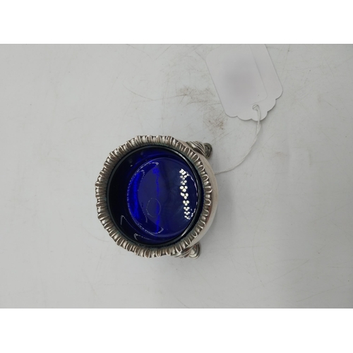 1000 - English silver salt with Bristol blue glass liner. Hallmarked in London. Maker: Nathaniel Appleton &... 