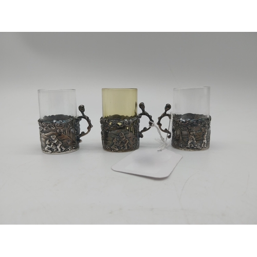 1008 - Three English silver miniature liquor cup holders with glass inserts. Hallmarked in Birmingham Maker... 