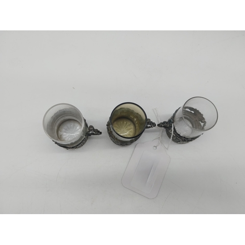 1008 - Three English silver miniature liquor cup holders with glass inserts. Hallmarked in Birmingham Maker... 