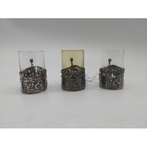 1008 - Three English silver miniature liquor cup holders with glass inserts. Hallmarked in Birmingham Maker... 