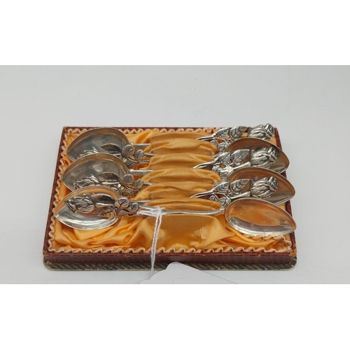 1011 - Set of six German silver Hildesheimer Rose tea spoons in presentation box. Unmarked. Wt: 78grms. { 1... 