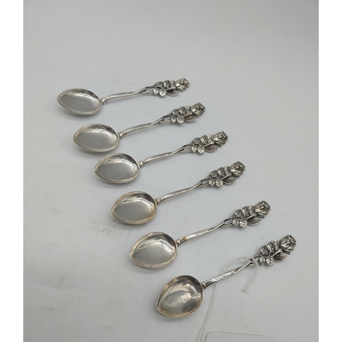 1011 - Set of six German silver Hildesheimer Rose tea spoons in presentation box. Unmarked. Wt: 78grms. { 1... 