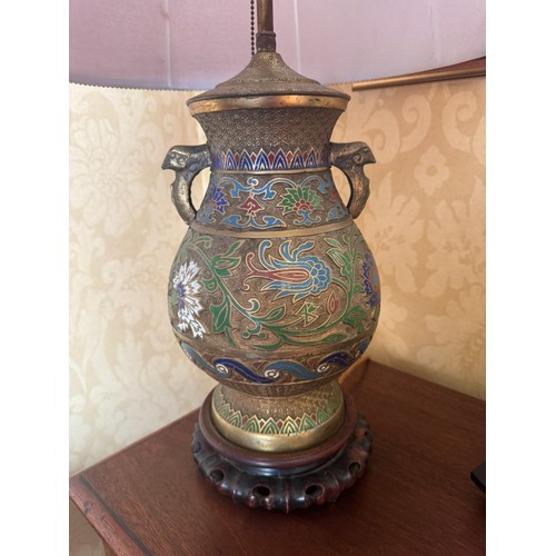 122A - Cloisonne and brass table lamp with cloth shade. {70 cm x 43 cm Dia.}.