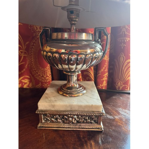 339A - Table lamp with silver plate base and red cloth shade. {45 cm H x 38 cm Dia.}.