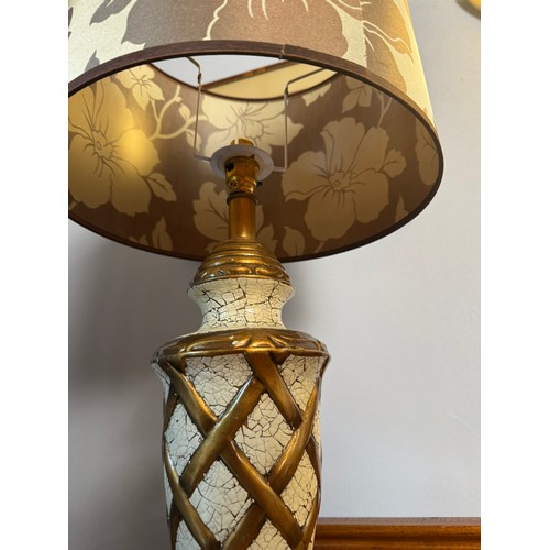 446A - Decorative resin table lamp with cloth shade. {73 cm H x 34 cm Dia.}.