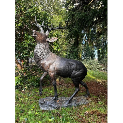 45A - Good quality majestic bronze stag on craggy rock {224cm H x 150cm W x 107cm D}