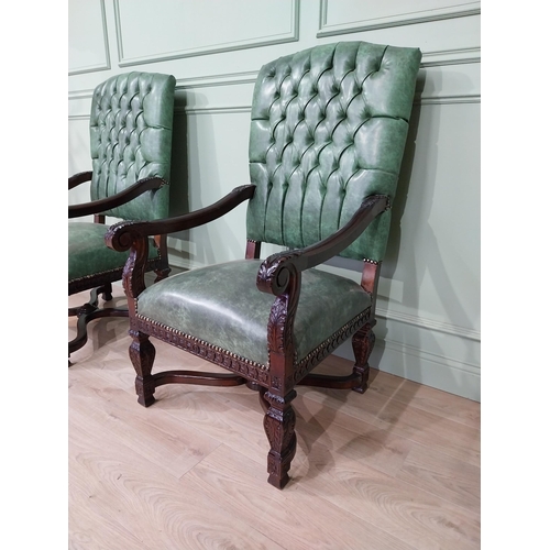 489a - Pair of button backed upholstered carved mahogany open armchairs. { 126cm H X 65cm W X 72cm D }. NOT... 