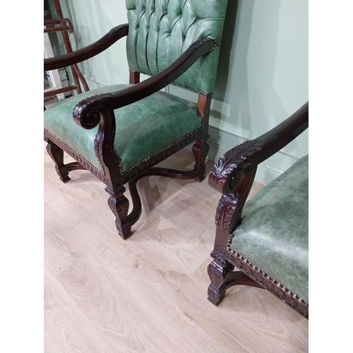 489a - Pair of button backed upholstered carved mahogany open armchairs. { 126cm H X 65cm W X 72cm D }. NOT... 