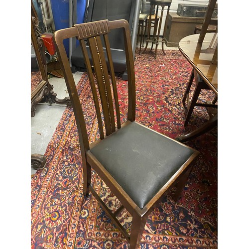 1113 - Set of six 1920's dining chairs with upholstered seats. { 100cm H X 44cm W X 42cm D }.