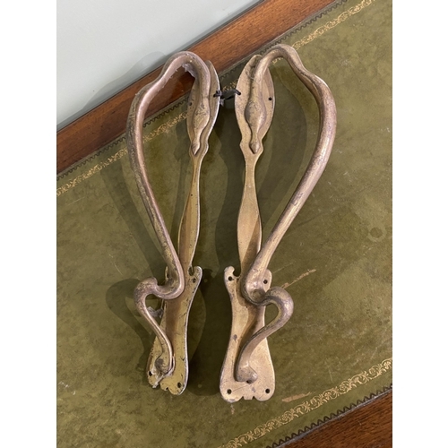 1349 - Pair of good quality Art Nouveau brass door handles {49 cm H x 13 cm W x 10 cm D}.