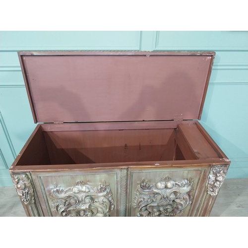 798 - Painted carved pine blanket box {80cm H 136cm W x 55cm D} NOT AVAILABLE TO VIEW IN PERSON.