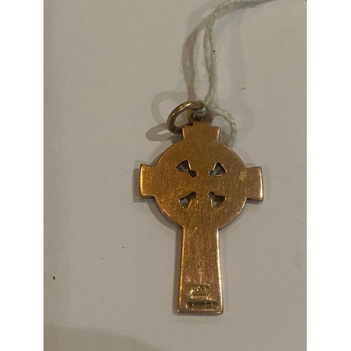 1041 - 9ct. Celtic cross pendant. {  4cm H }.