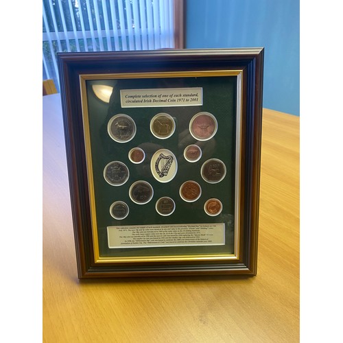 971A - Complete selection of one of each circulated Irish Decimal Coins 1971 - 2001, mounted in a glazed fr... 