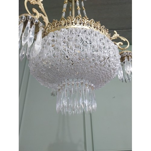 145A - French brass and crystal  chandelier {71cm H x 46cm Dia} NOT AVAILABLE TO VIEW IN PERSON.