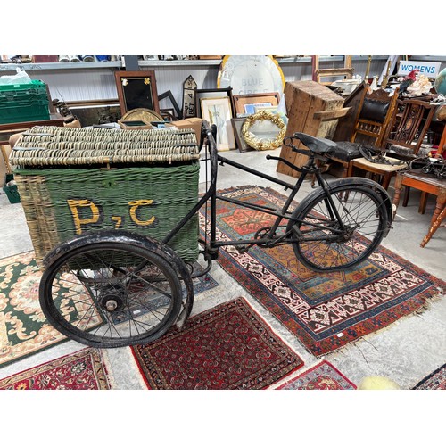 1950's P and T Postman's bicycle with wicker baskets. {102 cm H x 212 cm W x 98 cm D}.