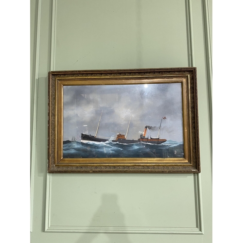 57 - Early 20th C. Maritime scene watercolour mounted in giltwood frame {68 cm H x 100 cm W}.