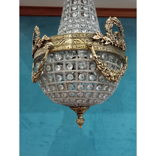 22 - Brass and cut glass pear drop chandelier in working order. {H 7cm x Dia 32cm } NOT AVAILABLE TO VIEW... 