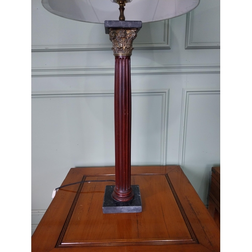 32 - Pair of good quality mahogany corinthian column table lamps on marble base with shades. {100 cm H x ... 