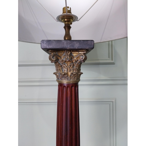 32 - Pair of good quality mahogany corinthian column table lamps on marble base with shades. {100 cm H x ... 