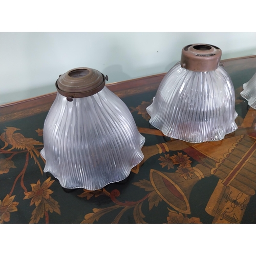 39 - Three early 20th C. halophane glass shades with brass galleries. {14 cm H x 18 cm Dia.}.